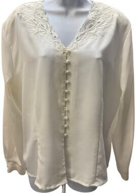 VTG Kathy Che Blouse SZ 16/18 Ivory Pearl Beads Embroidery Long Sleeve lace
